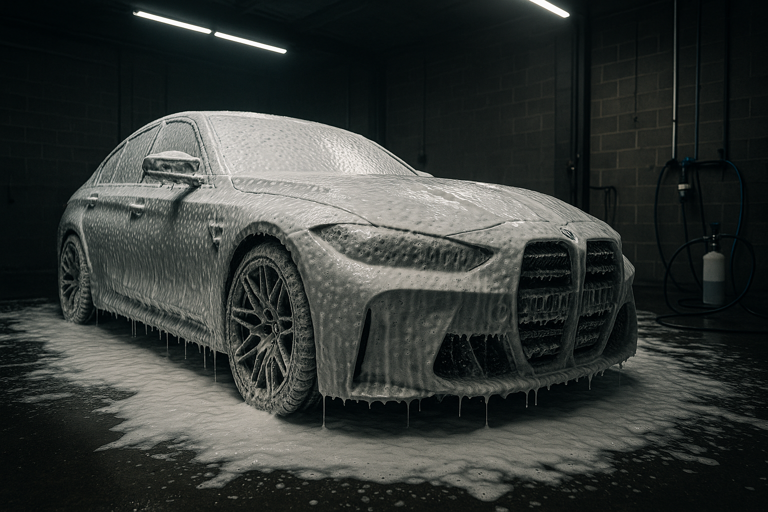 Luxury BMW M3 in Melbourne garage being snow foamed, thick white foam dripping off the car, cinematic wide-angle shot, moody detailing studio atmosphere.