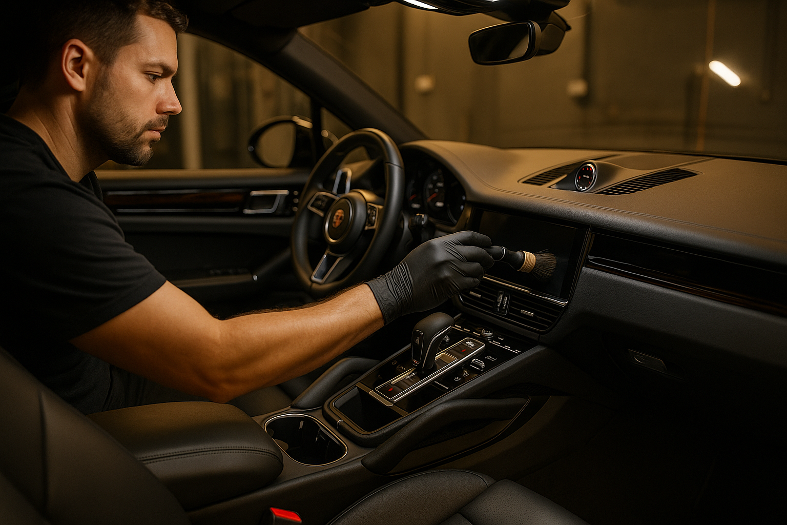 Professional detailer wearing black gloves cleaning the dashboard of a Porsche Cayenne with a soft brush, interior leather shining, luxury detail shot.