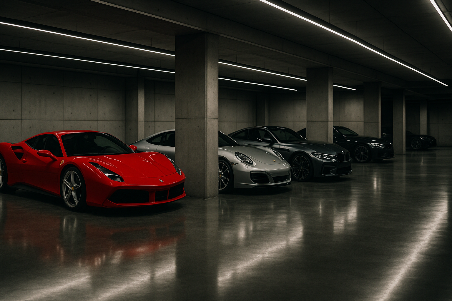 A modern luxury car storage facility interior, featuring polished concrete floors, soft overhead LED strip lighting, and neatly lined bays with high-end sports cars (Ferrari, Porsche, BMW M3) parked. Minimalist design, clean and secure atmosphere, subtle reflections on the floor, premium industrial aesthetic, cinematic photography style, wide-angle lens.