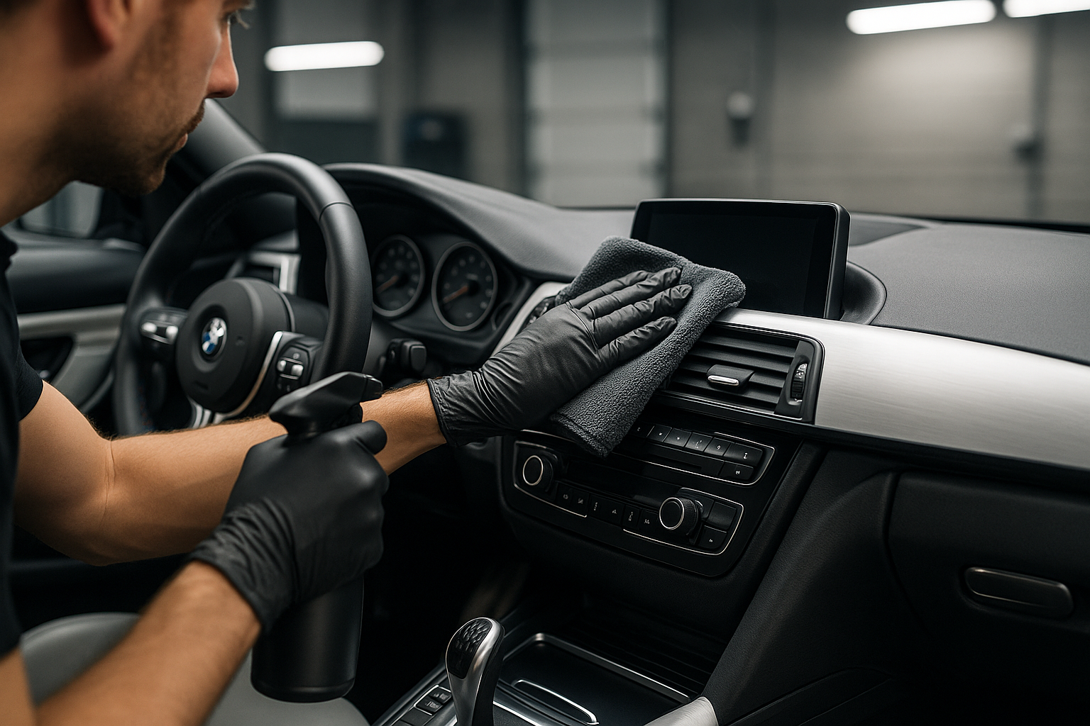 A professional car detailing scene inside a modern garage, detailer wearing black gloves carefully cleaning the dashboard of a luxury car (BMW M3, Porsche 911), using microfiber towels and high-end products. Bright, controlled lighting highlighting a spotless interior, cinematic close-up, shallow depth of field, ultra realistic photography.