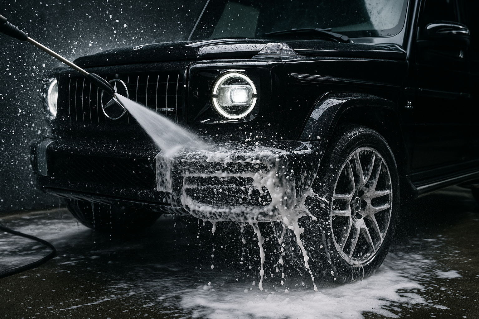Luxury Mercedes-Benz G-Wagon getting wheels cleaned, foam and water spraying around, frozen action high shutter speed shot.